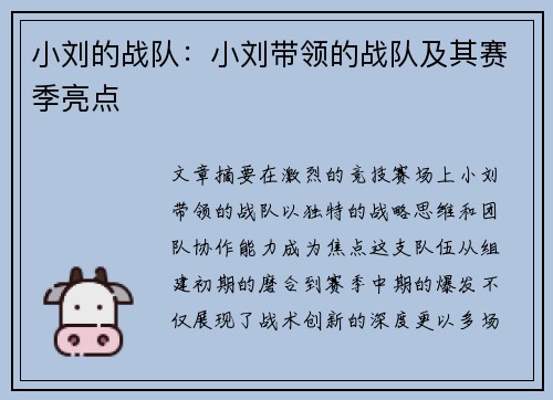 小刘的战队：小刘带领的战队及其赛季亮点